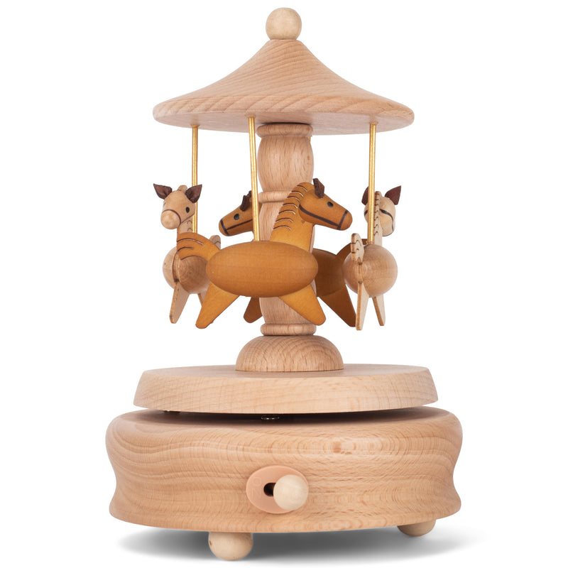 Cottage Garden Carousel Horses Woodgrain 17 inch Beech Wind-Up Musical Figurine