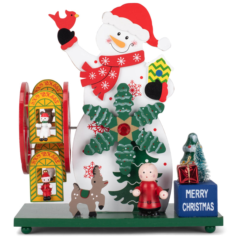 Cottage Garden Snowman White 9 inch Wood Musical Holiday Figurine Plays We Wish You A Merry Christmas