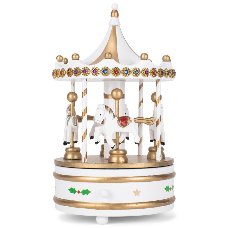 Cottage Garden Rotating Carousel White 9 inch Wood Musical Christmas Figurine Plays Jingle Bells