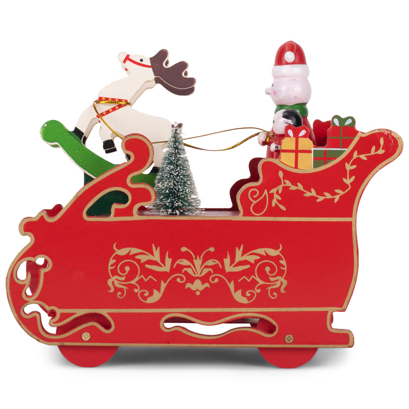 Cottage Garden Santa Sleigh Reindeer Red 7 inch Wood Musical Holiday Figurine Plays O Christmas Tree