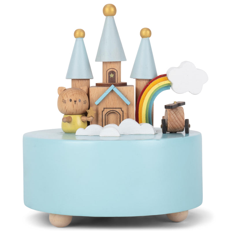 Cottage Garden Rainbow Castle Cat Blue 5 inch Natural Wood Music Box Plays Tune Brahm's Lullaby