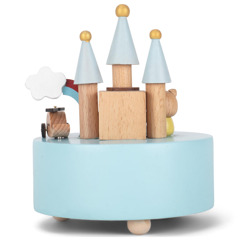 Cottage Garden Rainbow Castle Cat Blue 5 inch Natural Wood Music Box Plays Tune Brahm's Lullaby