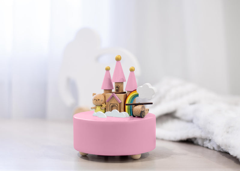 Cottage Garden Rainbow Castle Cat Pink 5 inch Natural Wood Music Box Plays Tune Brahm's Lullaby