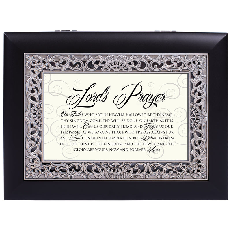 Top down view of Lord's Prayer Matte Black Finish Ornate Silver Color Inlay Jewelry and Music Box