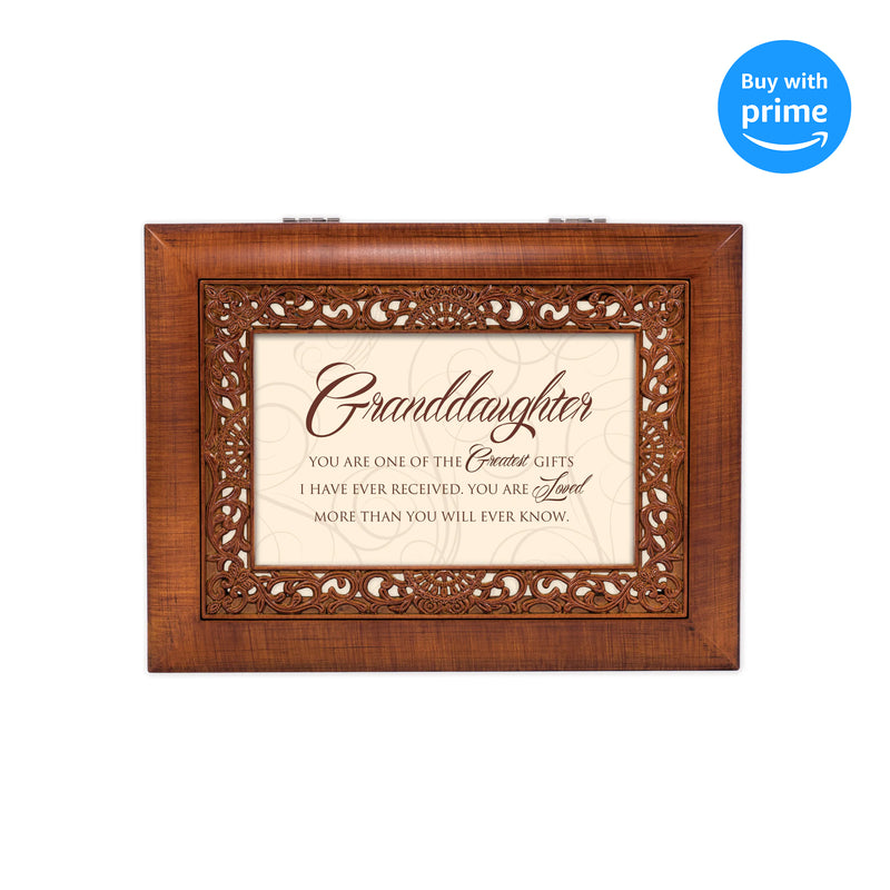 Top down view of Granddaughter Greatest Gifts Ever Woodgrain Inlay Jewelry and Music Box