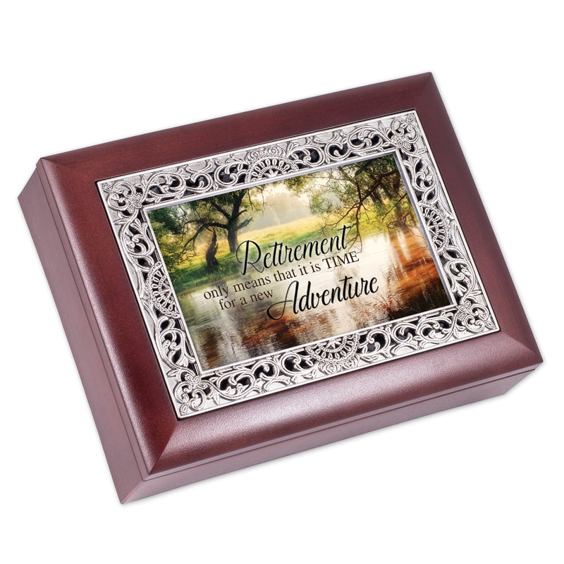 Top down view of Retirement Time New Adventure Rosewood Ornate Inlay Jewelry and Music Box