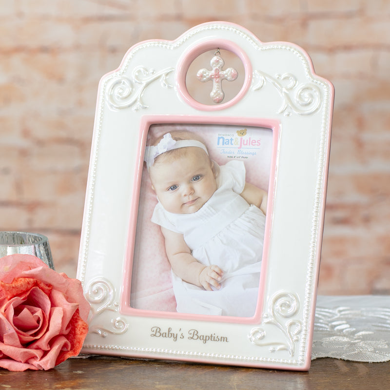 DEMDACO Babys Baptism 6.75 x 9.75 Inch Porcelain Picture Frame, Pink