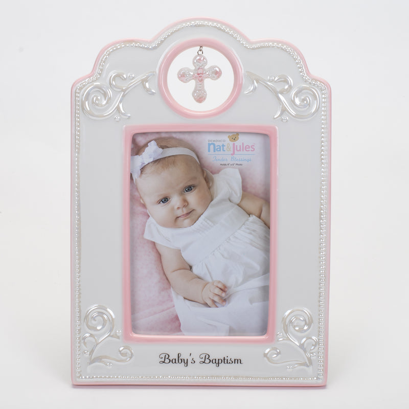 DEMDACO Babys Baptism 6.75 x 9.75 Inch Porcelain Picture Frame, Pink