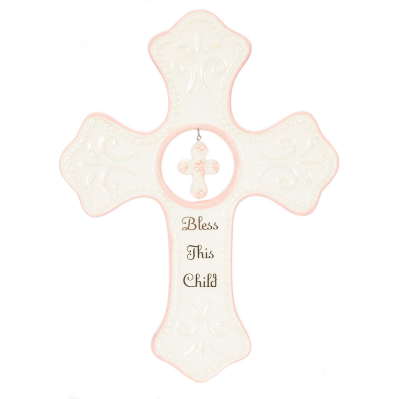 DEMDACO Bless This Child Soft Pink 7 x 5 Porcelain Ceramic Hanging Wall Cross