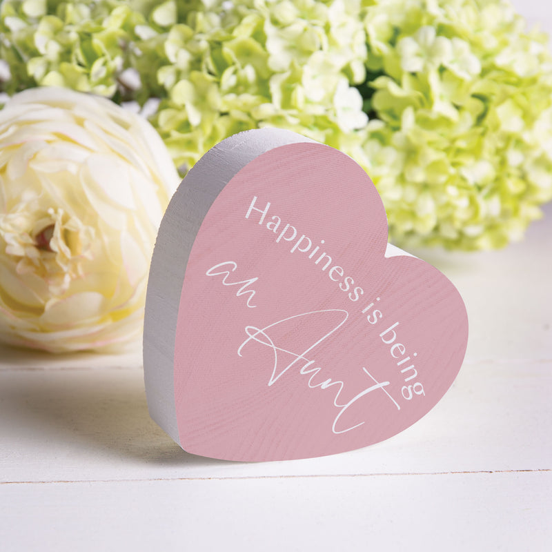 Happiness Being An Aunt Pink 3.5 x 3.25 Pine Wood Heart Tabletop Word Block Sign