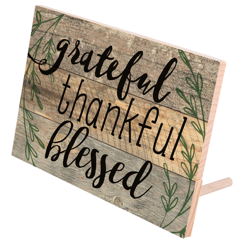 P. Graham Dunn Grateful, Thankful, Blessed Black Lettering with Greenery 5 x 7 Small Wood Plank Design Plaque Sign