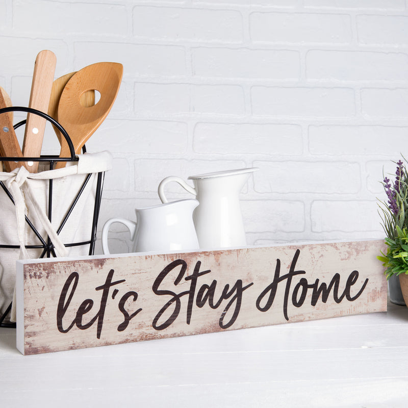 P. Graham Dunn Lets Stay Home White Distressed 17 x 3.5 Inch Pine Wood Barnhouse Block Tabletop Sign