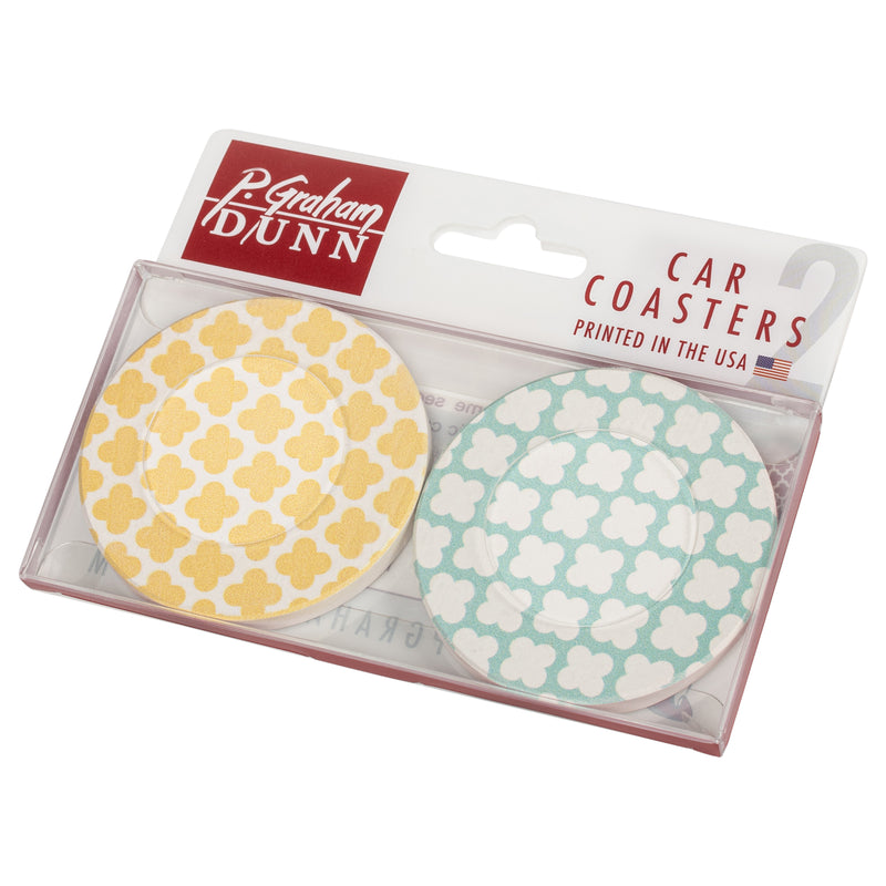 Yellow Blue Clover Quatrefoil 2.75 x 2.75 Absorbent Ceramic Car Coasters Pack of 2