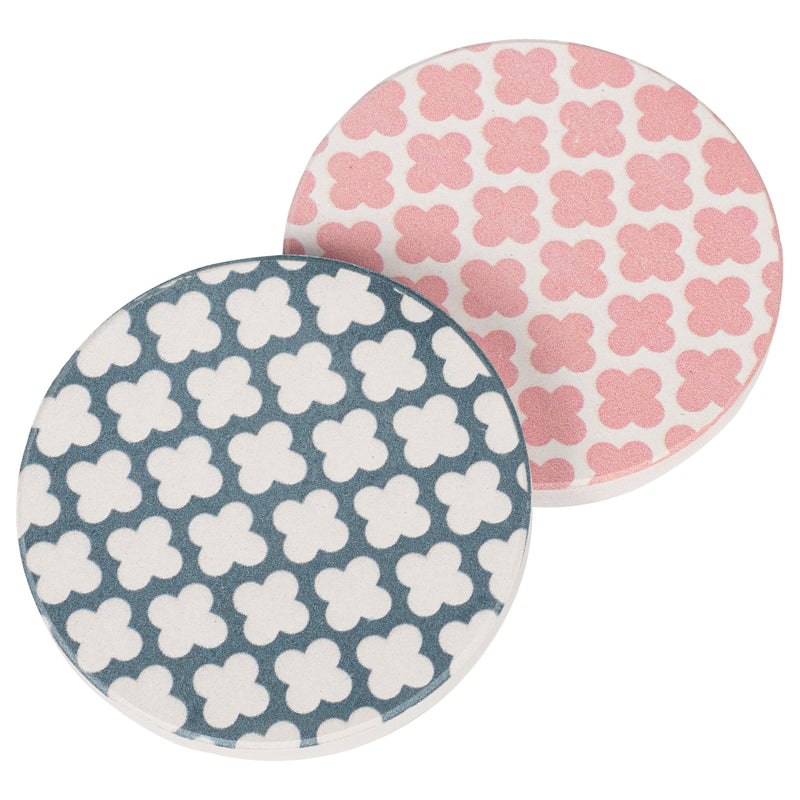 Pink Blue Clover Quatrefoil 2.75 x 2.75 Absorbent Ceramic Car Coasters Pack of 2