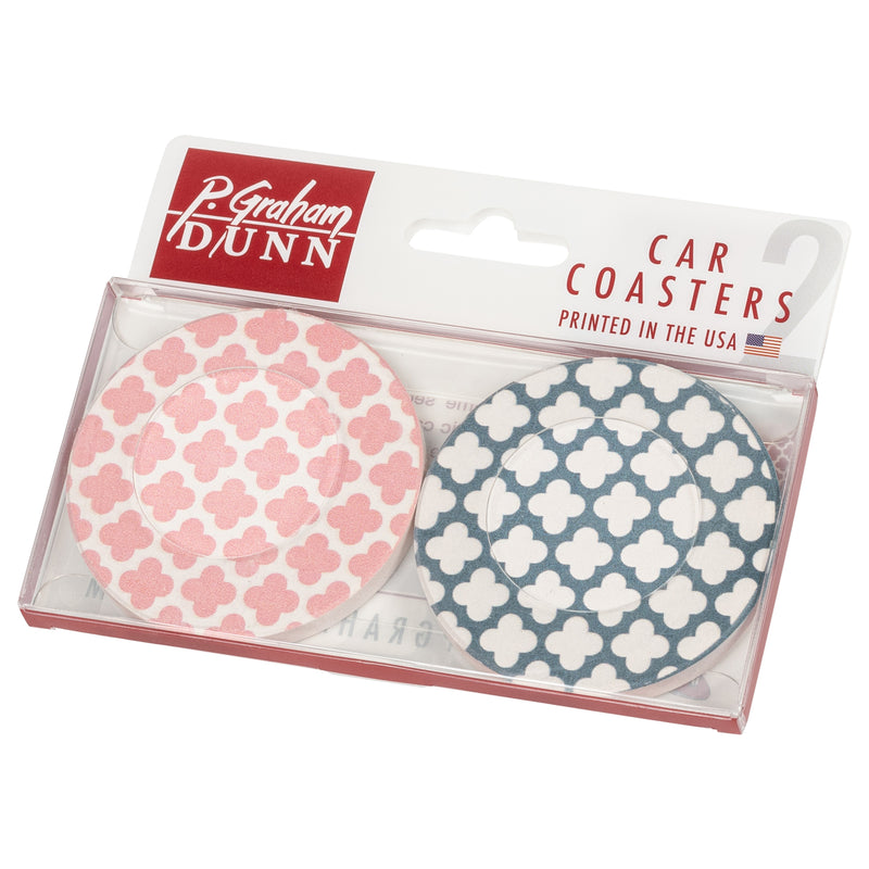 Pink Blue Clover Quatrefoil 2.75 x 2.75 Absorbent Ceramic Car Coasters Pack of 2