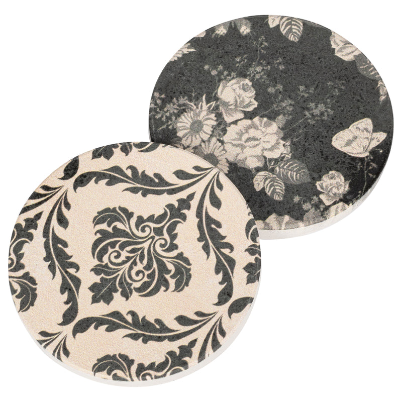 Black Tan Rose Floral Damask 2.75 x 2.75 Absorbent Ceramic Car Coasters Pack of 2