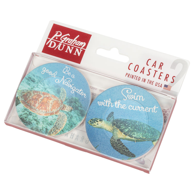 Swim with the Current Sea Turtles 2.75 x 2.75 Absorbent Ceramic Car Coasters Pack of 2