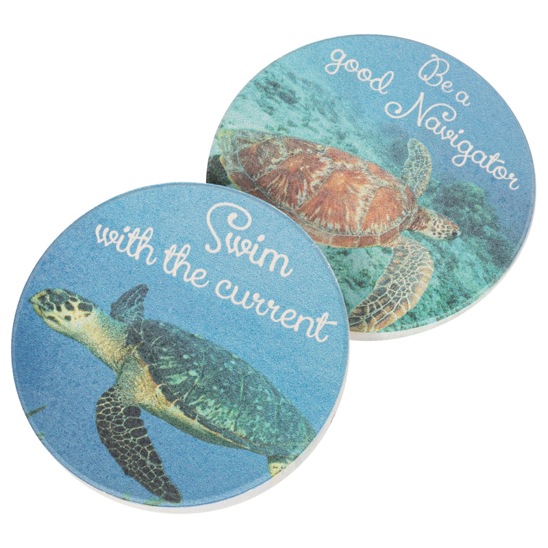 Swim with the Current Sea Turtles 2.75 x 2.75 Absorbent Ceramic Car Coasters Pack of 2