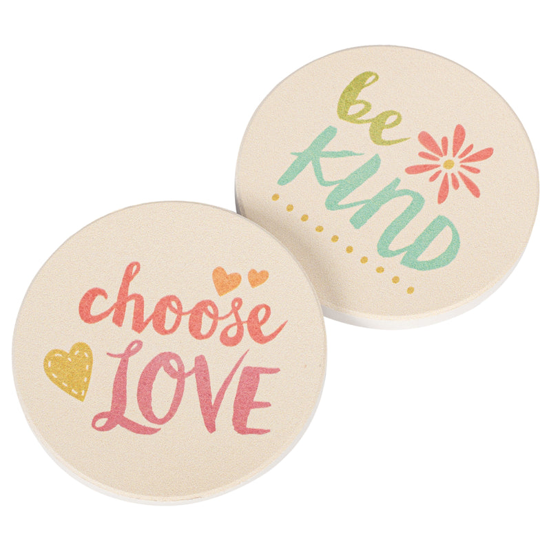 Choose Love, Be Kind Cursive Floral Hearts 2.75 x 2.75 Absorbent Ceramic Car Coasters Pack of 2