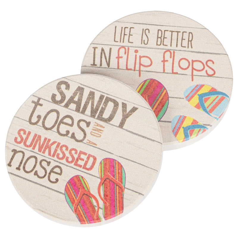Sandy Toes Sun Kissed Nose Flip Flops 2.75 x 2.75 Absorbent Ceramic Car Coasters Pack of 2