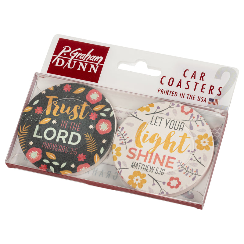 Trust in The Lord Let Your Light Shine Floral 2.75 x 2.75 Absorbent Ceramic Car Coasters Pack of 2