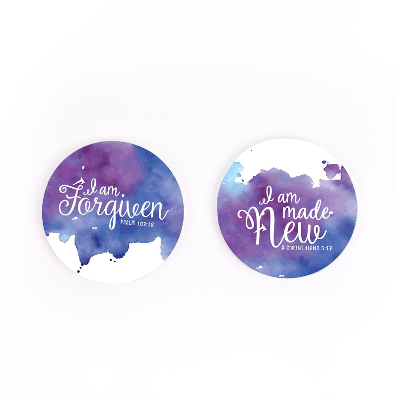 I Am Forgiven I Am Made New Watercolor Blue Purple 2.75 x 2.75 Absorbent Ceramic Car Coasters Pack of 2