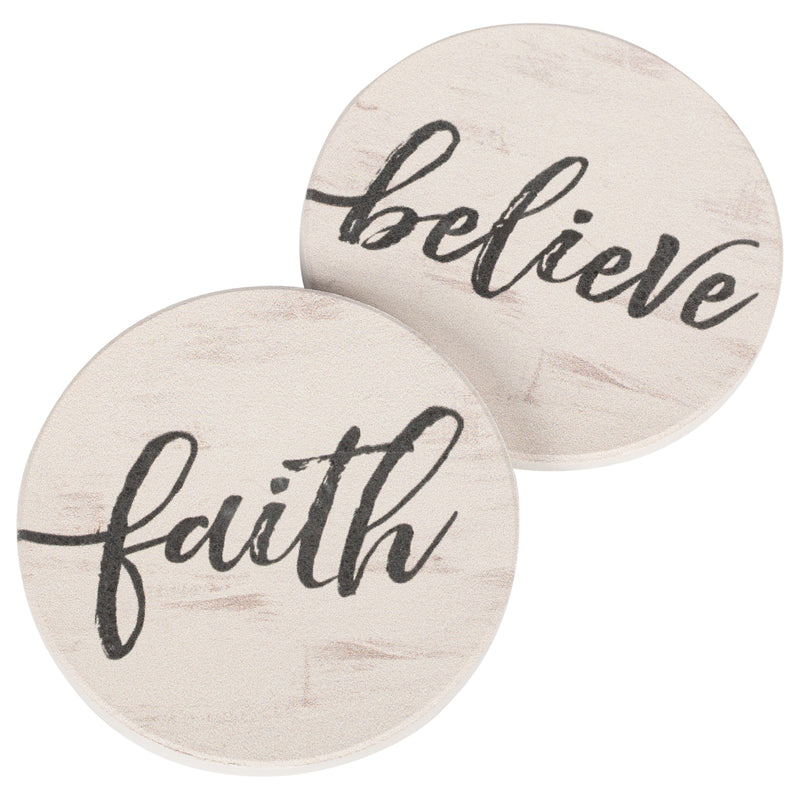 Faith Believe Script Design White 2.75 x 2.75 Absorbent Ceramic Car Coasters Pack of 2