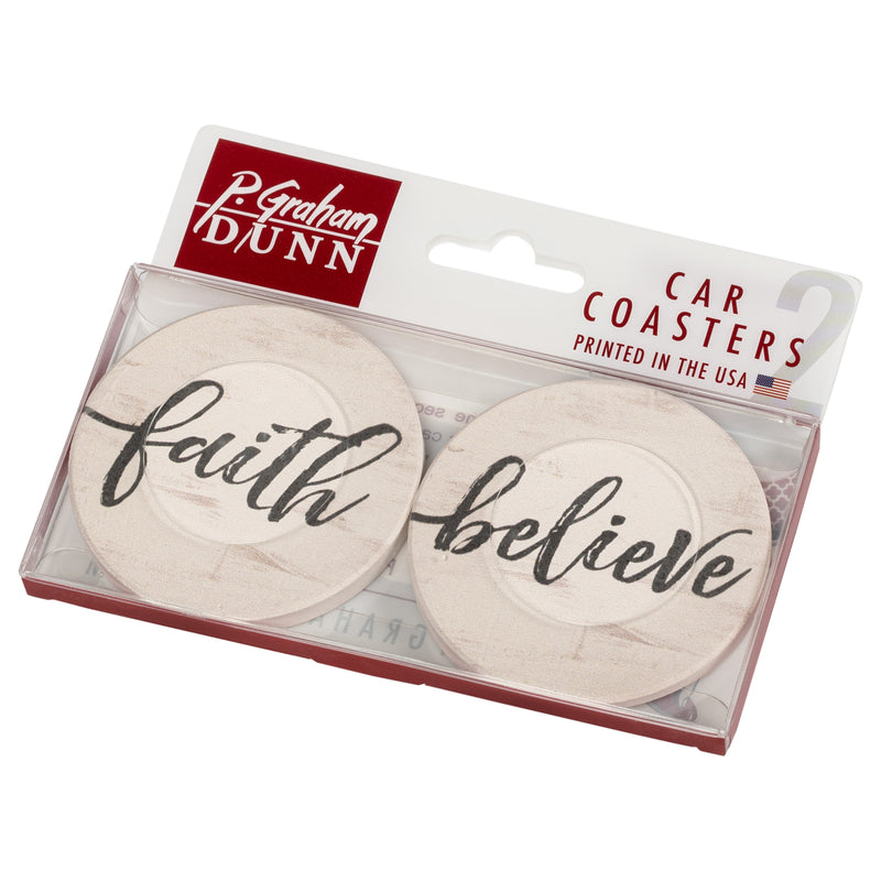 Faith Believe Script Design White 2.75 x 2.75 Absorbent Ceramic Car Coasters Pack of 2