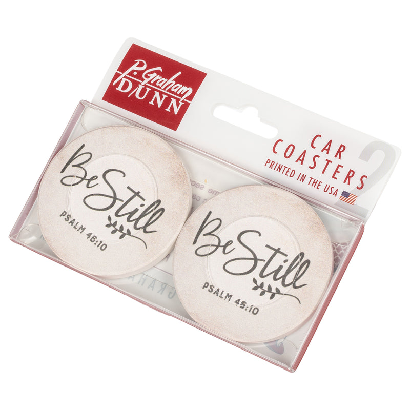 Be Still Script Design Grey White 2.75 x 2.75 Absorbent Ceramic Car Coasters Pack of 2