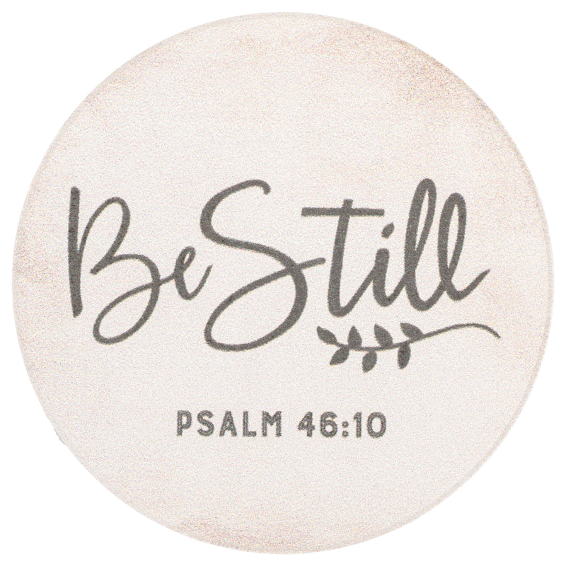 Be Still Script Design Grey White 2.75 x 2.75 Absorbent Ceramic Car Coasters Pack of 2