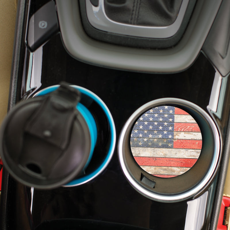 American Flag Distressed Wood Look 2.75 x 2.75 Absorbent Ceramic Car Coasters Pack of 2