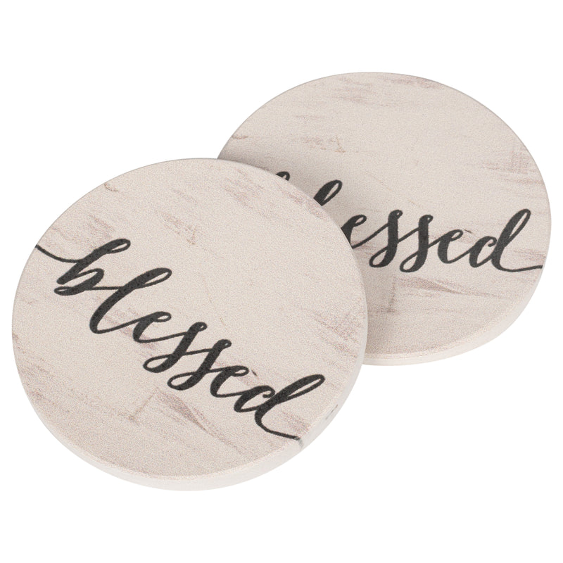 Blessed Script Design White Wash Look 2.75 x 2.75 Absorbent Ceramic Car Coasters Pack of 2
