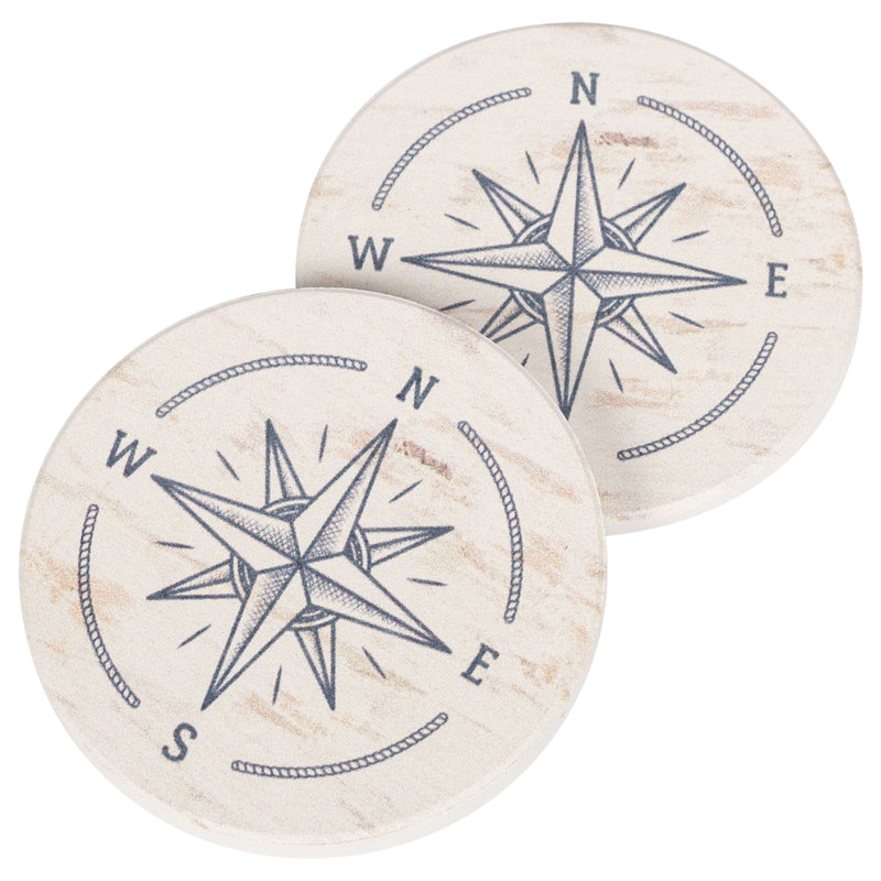Vintage Compass Rose Blue Whitewash Look 2.75 x 2.75 Absorbent Ceramic Car Coasters Pack of 2