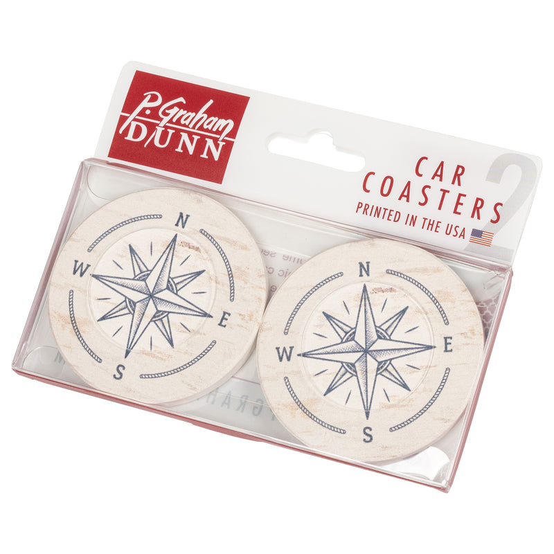 Vintage Compass Rose Blue Whitewash Look 2.75 x 2.75 Absorbent Ceramic Car Coasters Pack of 2