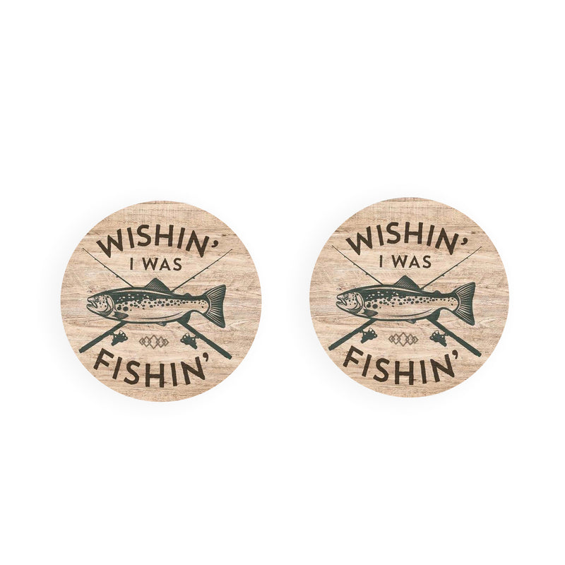 Wishin I was Fishin Natural Brown 2.75 x 2.75 Absorbent Ceramic Car Coasters Pack of 2
