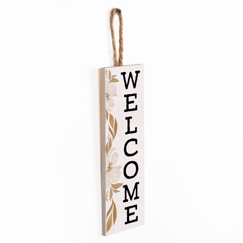 P. Graham Dunn Welcome Floral Brown 10 x 4 Solid Pine Wood Decorative Vertical String Sign
