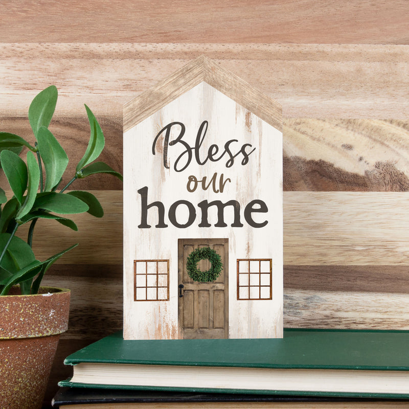 P. Graham Dunn Bless Our Home Whitewash Barn House Shaped 3.5 x 6 Inch Pine Wood Block Tabletop Sign