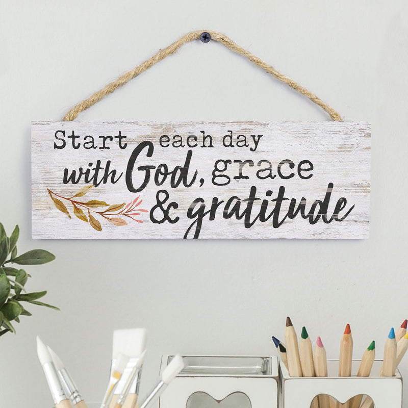 P. Graham Dunn Start Day God Grace Gratitude Whitewash 10 x 3.5 Inch Wood Slat Hanging Wall Sign