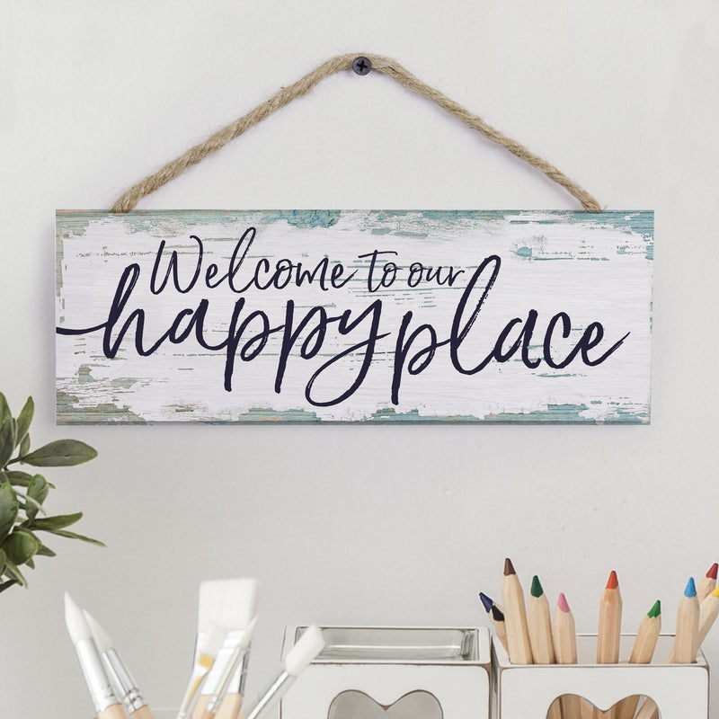 P. Graham Dunn Welcome Our Happy Place Nautical Blue 10 x 4 Pine Wood Hanging Decor String Sign
