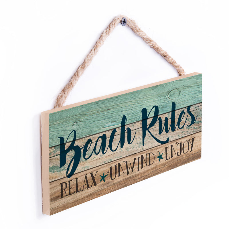 P. Graham Dunn Beach Rules Relax Unwind Enjoy Weathered 5 x 10 Wood Plank Design Hanging Sign