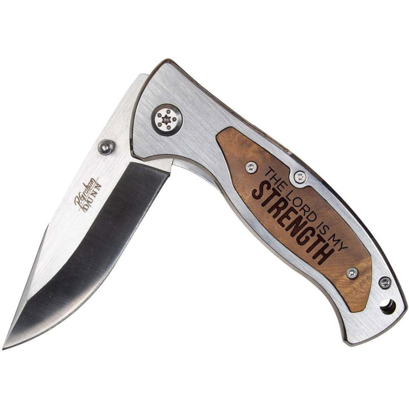 P. Graham Dunn The Lord Is My Strength Silver Tone 5 x 2 Stainless Steel and Wood Pocket Knife