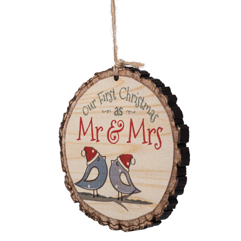 Our First Christmas As Mr. And Mrs. Birds Rustic Bark Look Wood Christmas Ornament