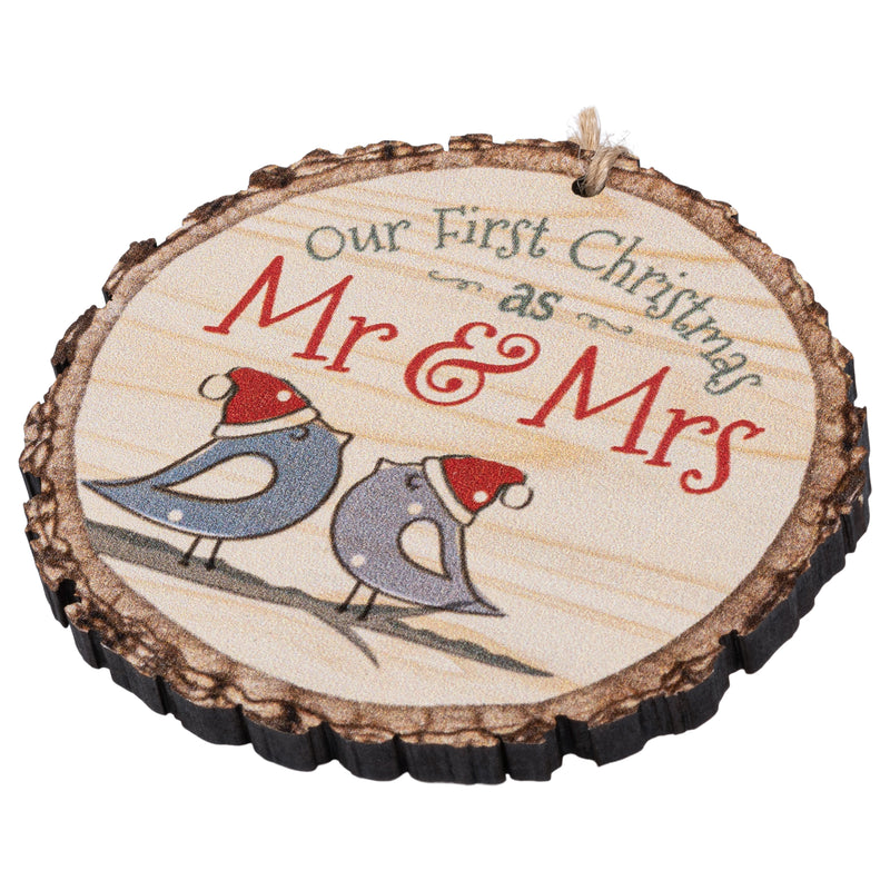 Our First Christmas As Mr. And Mrs. Birds Rustic Bark Look Wood Christmas Ornament