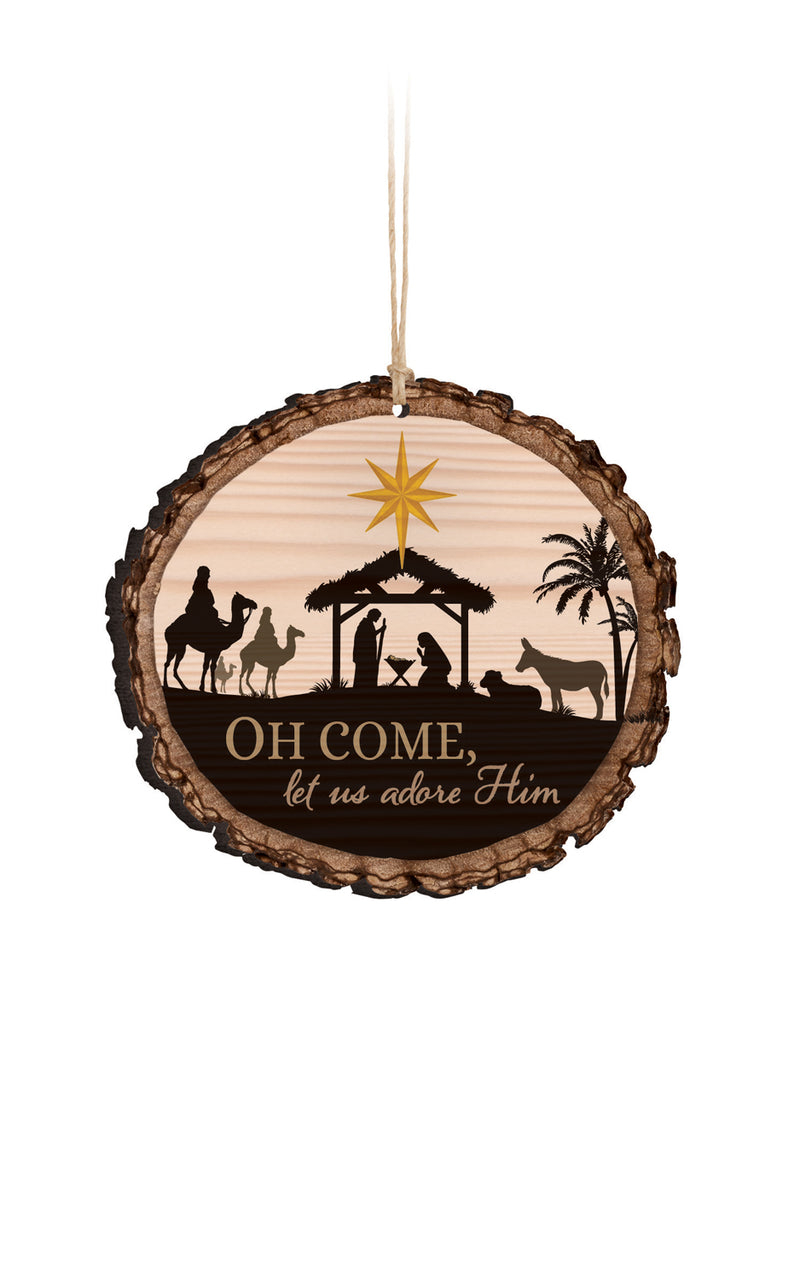 P. Graham Dunn O Come Let Us Adore Him Nativity Scene Wood Tree Bark 4 inch Christmas Tree Ornament