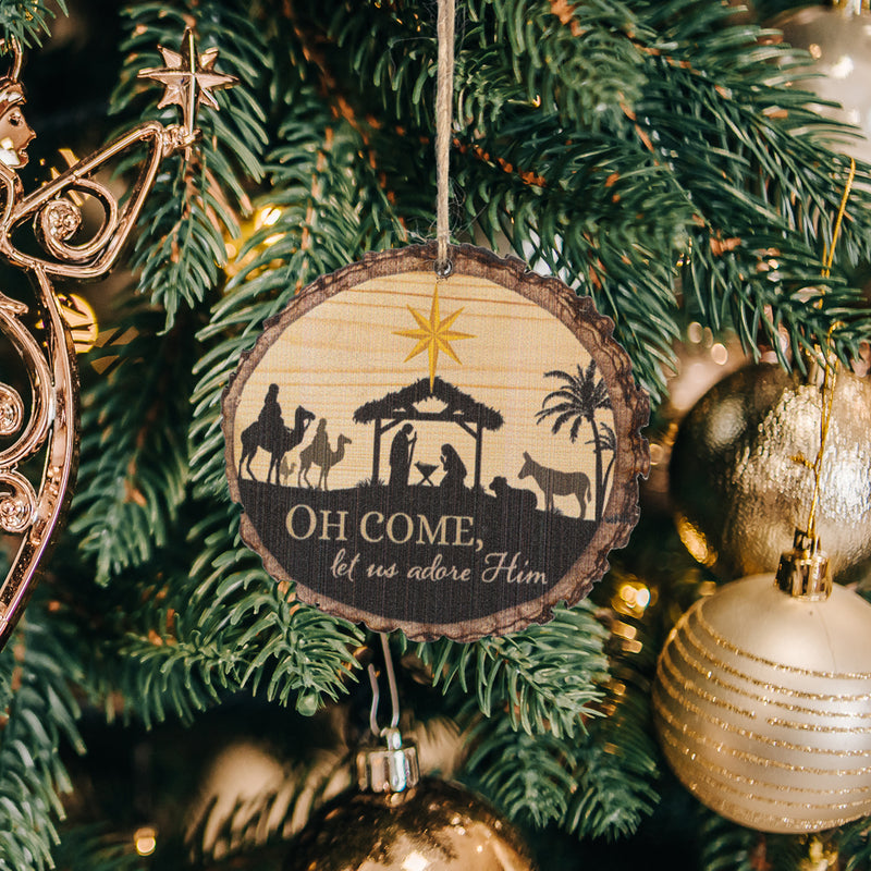 P. Graham Dunn O Come Let Us Adore Him Nativity Scene Wood Tree Bark 4 inch Christmas Tree Ornament