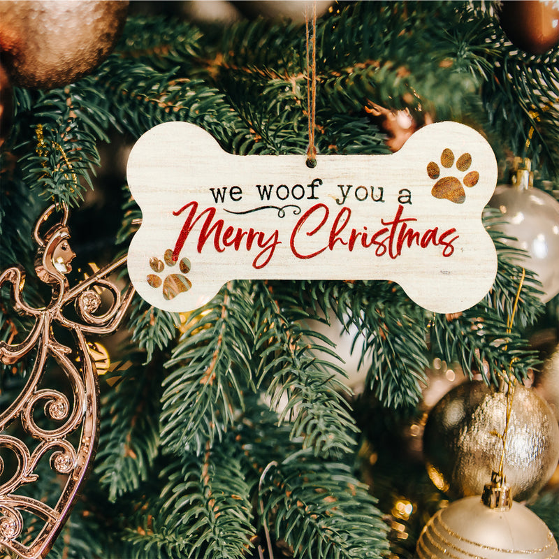 P. Graham Dunn We Woof You A Merry Christmas Bone White 5.2 x 2.7 Wood Christmas Ornament