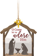 O Come Let Us Adore Him Nativity Brown 3.1 x 3 Wood Christmas Ornament