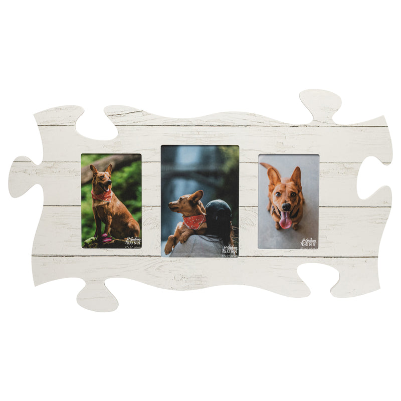 P. Graham Dunn White Crackled Wood Look Three Photo 13 x 22 inch Wood Puzzle Piece Wall Sign Frame Plaque