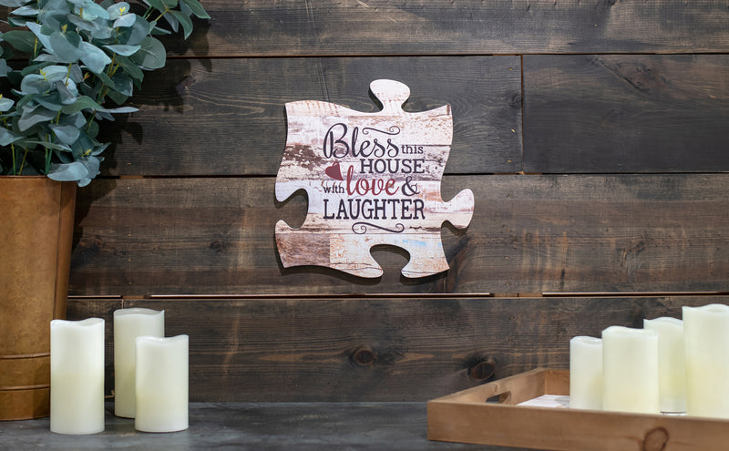 P. Graham Dunn Bless This House with Love & Laughter Distressed 12 x 12 Wood Wall Art Puzzle Piece Plaque