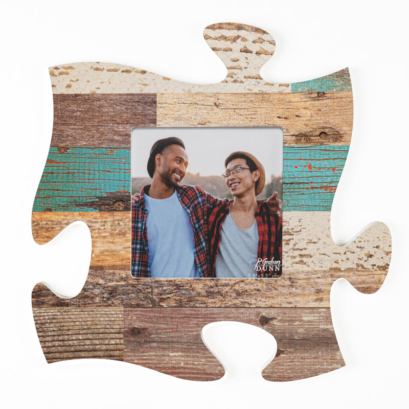 P. Graham Dunn Teal Multicolor Distressed Wood Look 12 x 12 Wall Hanging Wood Puzzle Piece Photo Frame